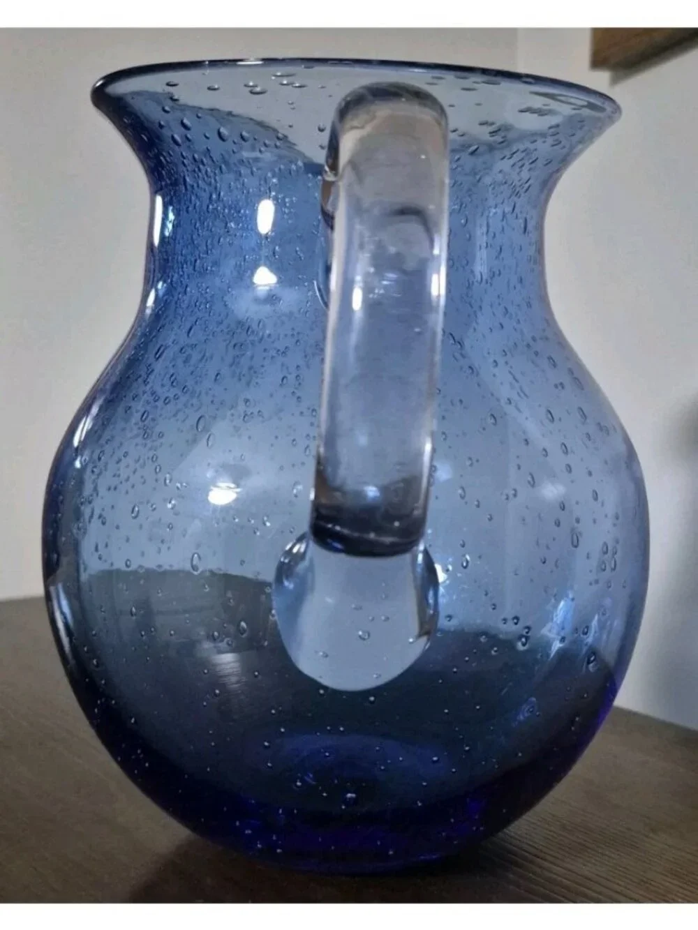 Tag LTD Cobalt Blue Bubble Glass Pitcher Hand Blown Clear Handle 96 oz.